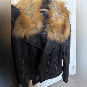 Vegan leather coat with faux fur collar